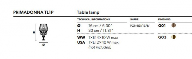 Итальянский светильник PRIMADONNA Table lamp  TL1P/TL1G от Masiero